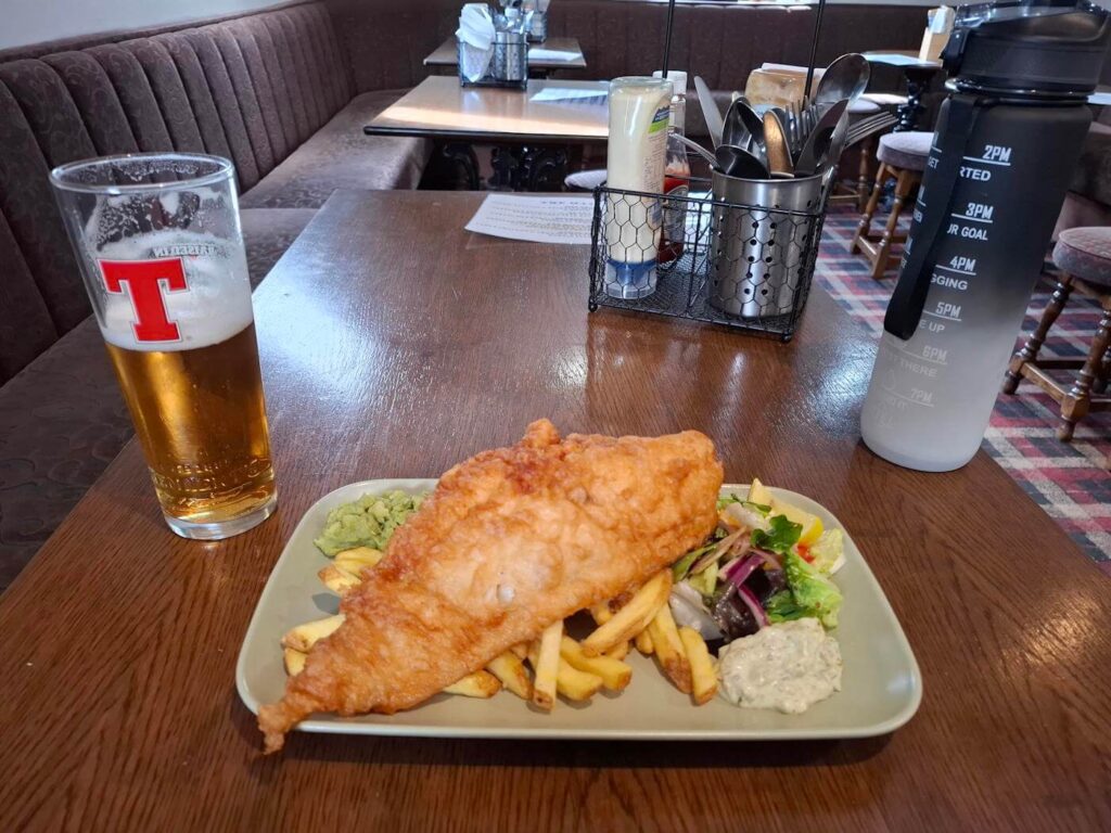 Fish and chips and beer stop at Ben Glas campsite on the West Highland Way