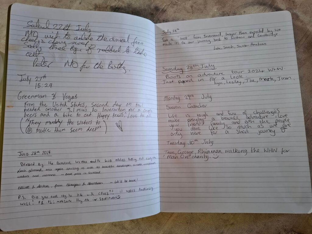 Journal entry written inside Rowchoish Bothy on the West Highland Way
