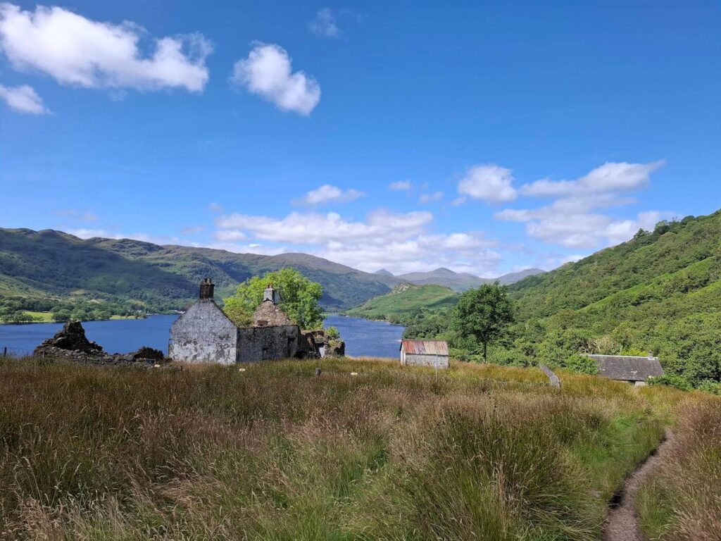 Ruins of Rowchoish Bothy beside the West Highland Way near Loch Lomond