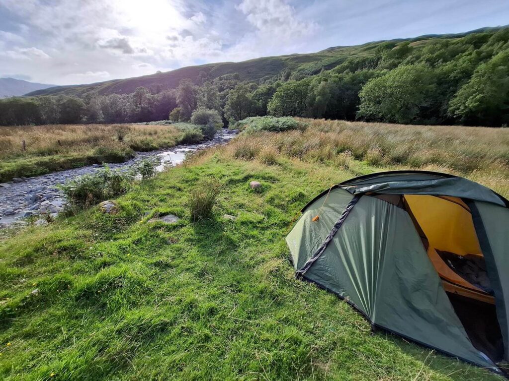 Setting up a solo tent near Inverarnan at the end of Day 2 on the West Highland Way