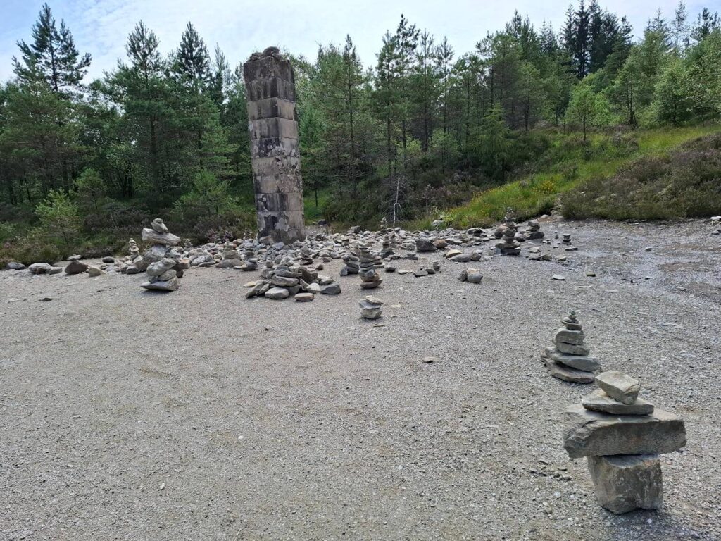 Dozens of small stone cairns near Tyndrum