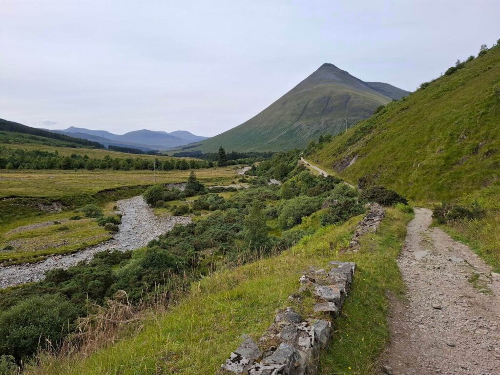 Trail with a pointed hill (Ben Odhar) rising ahead near Tyndrum