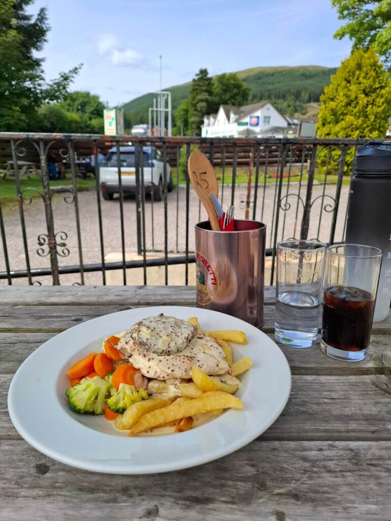 Plate of Balmoral chicken with chips at Tyndrum Inn